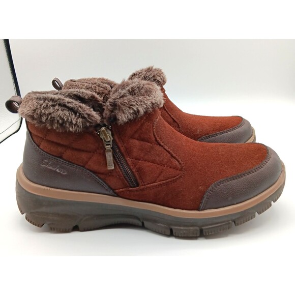 Skechers Boots Wn 9 Easy Going Girl Crush Brown Suede Ankle Faux Fur Bootie - Picture 1 of 12